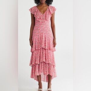Wayf  Pink  Floral V-neck Ruffle Tiered Maxi Dress Size Large